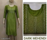 Rayon mehandi straight kurti with three-quarter sleeves, solid design in Indian print style for women's regular wear