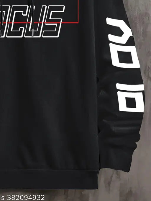 Black cotton blend slim fit t-shirt, men's hooded focus printed full sleeve, long sleeves on model