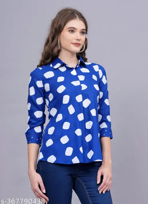 Abstract polka dot print rayon women's shirt style top - versatile, three-quarter sleeves, ideal for all seasons