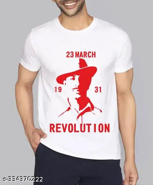 White cotton-silk Bhagat Singh Revolution T-shirt, Indian graphic design printed on short sleeves