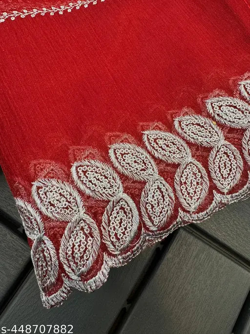 Embellished super net saree with beautiful silver zari embroidery and glitter sequins, free size, India origin