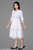 White cotton blend embellished kurta with three-quarter sleeves, rope waist, high quality, comfortable fabric. India origin." (124 characters)