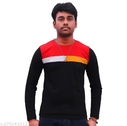 Black and red block full-sleeve polyester T-shirt for men, comfortable fit, modern design, ideal for autumn/winter fashion