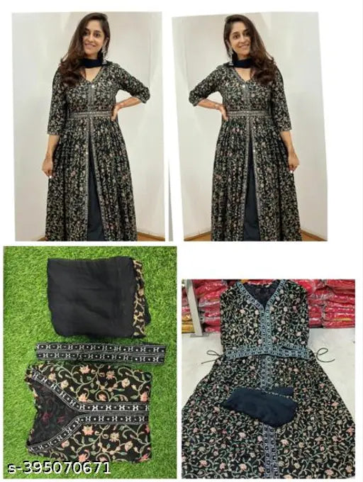Embroidered rayon three-quarter sleeve kurta with dupatta, Indian ethnic wear in various sizes (S, M, XXL)