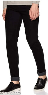 Stylish black denim jeans for boys, mid-rise, slim fit, clean wash, five pockets, India origin