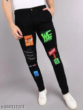 Denim, stretchable, breathable men's funky jeans. Modern style with placement print, lightweight and comfortable. Sizes 26, 28, 30 (India)