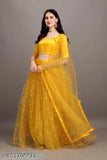 Yellow satin lehenga with embellished net dupatta and unstitched blouse, semi-stitched Indian traditional wear on display
