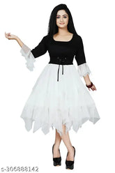 Black and white rayon below-knee length festive wedding dress with 3/4 sleeves, perfect for parties or special occasions