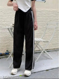 Cotton blend straight fit white line black lower, solid pattern casual pants for men, India origin