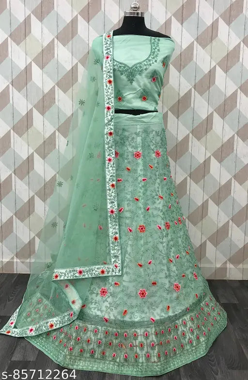 Pink aqua net lehenga choli with embroidery, semi-stitched. Ideal for weddings, festivals, parties. High-quality Indian ethnic wear for women