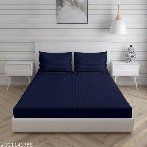 Midnight Blue Striped Triloki 300TC Glace Cotton Fitted Queen Bedsheet & Pillow Covers, superfine for home or guest room use