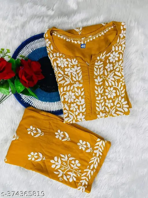 Muster Chikankari modal straight kurta set with embroidered net rayon pants, three-quarter sleeves in Indian fashion, size L (bust 40in, shoulder 15in, waist 36in, length 44in)