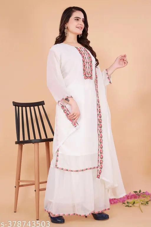 Adrika Drishya Women Georgette Kurta Set with Dupatta & Bottomwear, embroidered, three-quarter sleeves. Indian festive wear for L, XL, XXL sizes. Handcrafted Indian ethnic fashion