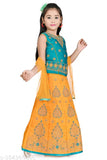 Kids girls satin lehenga chili with super net dupatta, embroidered, 3/4 sleeves. Vibrant, intricate details, festive occasions. Size: 2-9 years (varies). Indian craftsmanship, cultural richness