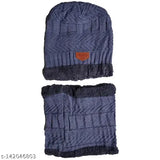 Grey arcylic printed unisex snow proof beanie cap set with neck warmer & military hand gloves