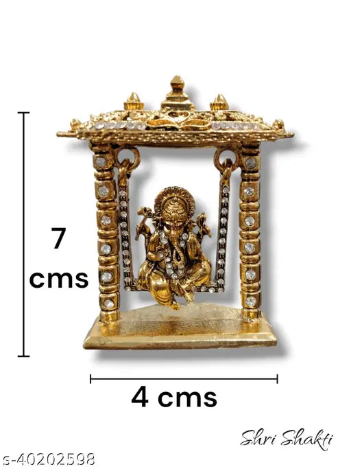Fine grade brass, 24k gold-plated Car Dash Board Jhula Ganesh GA. Indian-made religious idol for Vastu Dosh removal and interior decoration