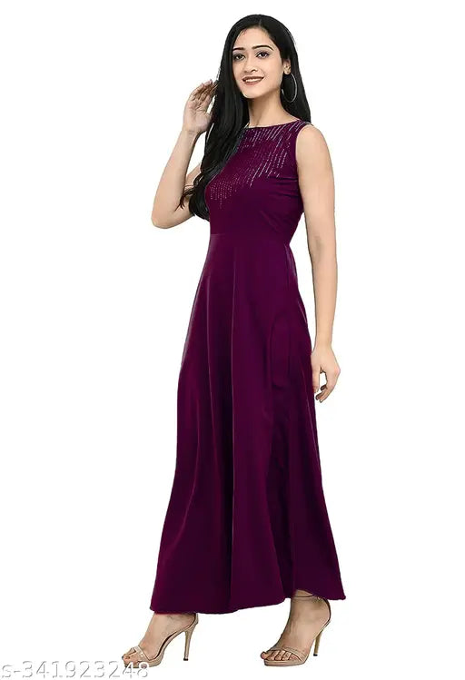 Purple crepe maxi dress, women's solid long Siroski work, Indian handcrafted