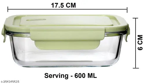 Oven-safe, microwaveable borosilicate glass food storage container set (600ML, rectangular). Airtight, leak-proof, and stackable for convenient storage in the kitchen