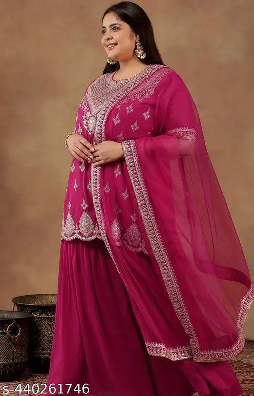 Embroidered Georgette Kurti with Sharara & Dupatta, sequinned scalloped design. Indian ethnic wear for women. Single set, sizes S-XXL