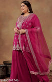 Embroidered Georgette Kurti with Sharara & Dupatta, sequinned scalloped design. Indian ethnic wear for women. Single set, sizes S-XXL