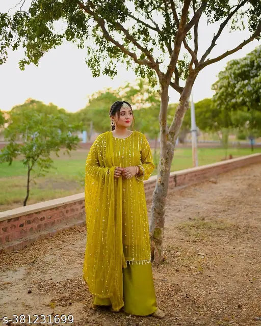 Georgette festival collection, heavy embroidery top-plazo and dupatta set, faux georgette, ready-to-wear, three-quarter sleeves