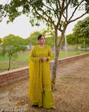 Georgette festival collection, heavy embroidery top-plazo and dupatta set, faux georgette, ready-to-wear, three-quarter sleeves