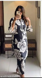 Black rayon kurta pant set, three-quarter sleeves, printed design by Neel Fashion & Art Gallery on display stand, Pack of 2 (S/M: 11in bust, 32in waist; L/XL: 10in bust, 34in waist)