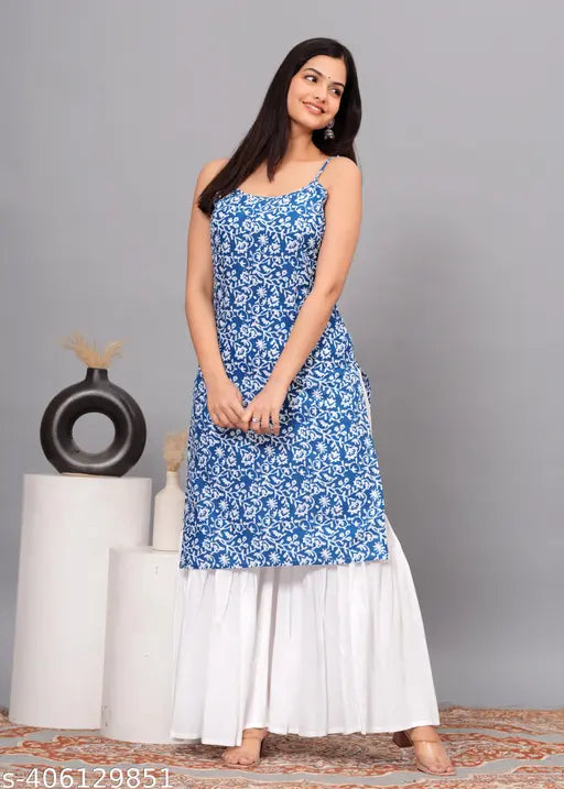 Rayon printed net Sharara set for women, pack of 2 with sleeveless kurta and palazzos