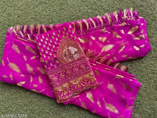 Golden foil georgette saree with embroidered blouse, new women's collection 2024
