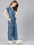 Blue tie-dye rayon jumpsuit, latest design, short sleeves, printed pattern