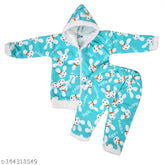 Blue wool casual dress pyjama for baby boys and girls, featuring long sleeves and a printed net pattern