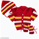 Woolen colorblocked baby sweater cap booties set for unisex winter wear, suitable for both boys and girls aged 12-24 months. Made in India