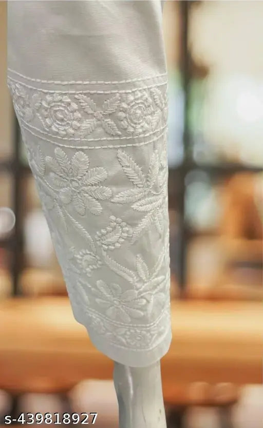 White Chikankari cotton Lucknowi pant for women, traditional Indian Chikankari embroidery on straight-leg design