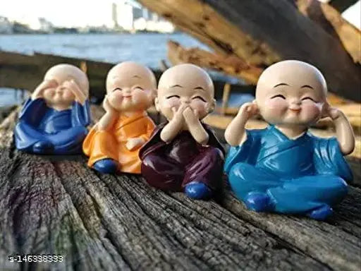 Poly resin Buddha statues: 4 set of cute baby monks from India, different colors, size 0.5cm x 0.5cm x 0.5cm each