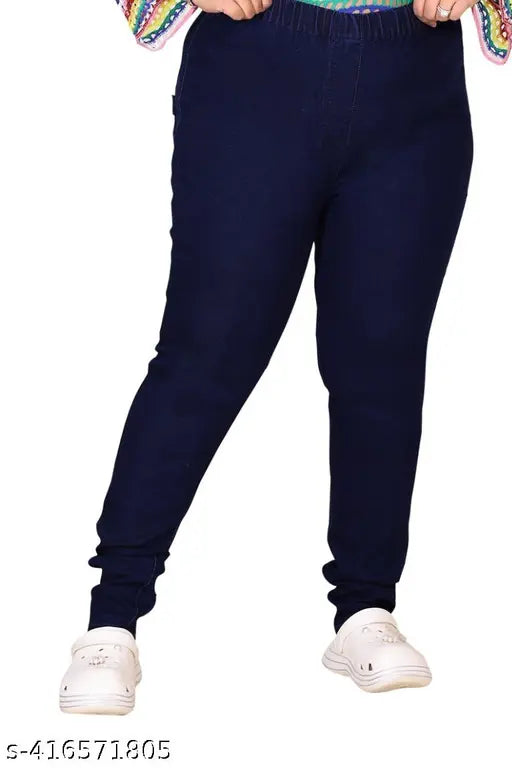 Dark blue premium quality denim jeggings for plus size, featuring stretchable Lycra fabric and a consistent length of 40 inches across various waist sizes (4XL - 7XL). Made in India