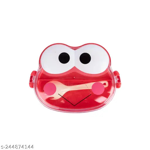 Red double layer frog shape kids' lunch box with spoon, durable plastic material for safe microwave use (10.5cm x 14cm x 1cm), ideal for school meals in India
