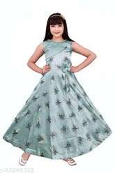Silk sleeveless ethnic gown by Reshma Party Wear, printed net party dress for kids aged 3-10 years