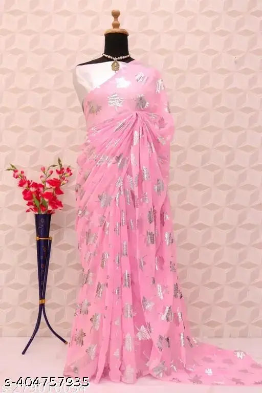 Pura Gerogete silver flower print pink color saree with solid net blouse, Indian traditional wear on mannequin