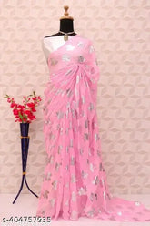 Pura Gerogete silver flower print pink color saree with separate blouse piece, Art Silk, India