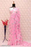 Pura Gerogete silver flower print pink color saree with solid net blouse, Indian traditional wear on mannequin