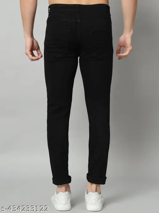 Black men's slim-fit lycra jeans, solid black, stylish fit - size 30/32/34