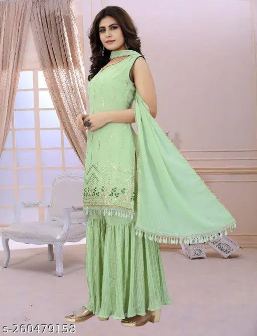 Georgette embroidered sleeveless fashion kurta set with sharara and dupatta, traditional Indian wedding & festive wear" (123 characters)