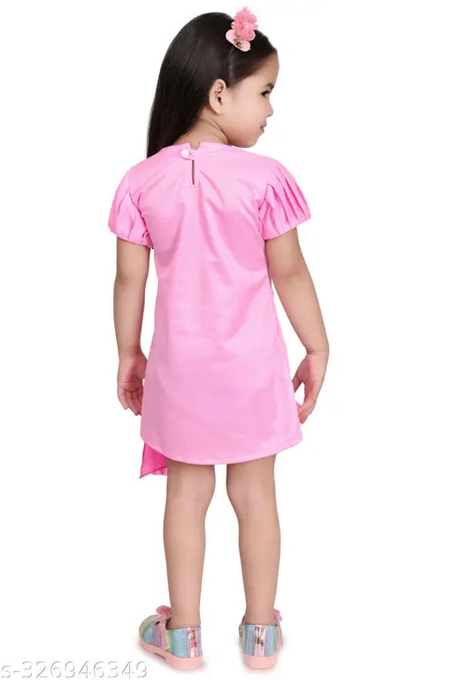 Modern pink cotton blend fancy girl's knee-length dress, embellished net print, short sleeves, fit and flare round neck style