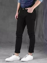 Black polyester men's regular fit jeans, solid black on hanger - sizes 28, 30, 32 from India