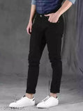 Black polyester men's regular fit jeans, solid black on hanger - sizes 28, 30, 32 from India