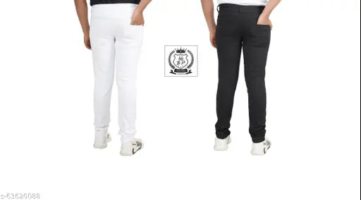 Black and white denim men's pack of 2, solid patterned denims for various waist sizes: 28, 30, 32. Indian origin