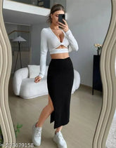 Stretchable high-rise cotton skirt for women, black solid pattern, trendy fashionable style, size 26/28/30 from India