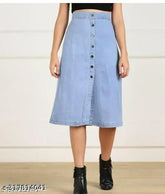 Stylish denim skirt for women, solid color, perfect for any occasion. Comfortable fit and various sizes available. Denim skirt with crop top look, Indian origin