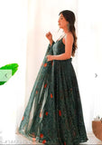 Green georgette printed anarkali gown, sleeveless western-style dress for women, India origin