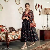 Rayon three-quarter sleeve printed Anarkali kurti, trendy ethnic wear for women's festive party wear